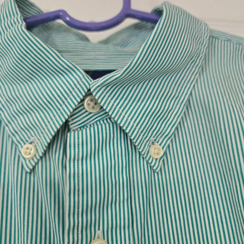 Ralph Lauren Men's Button Up Dress Shirt Green White Stripe Pony Logo Size XL‎